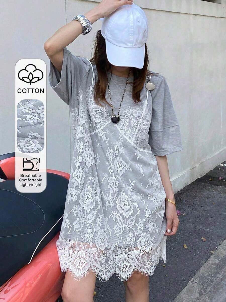 Vestido de mujer con mangas cortas y encaje, 2 en 1, vestidos casuales de mujer, vestidos florales para mujer - Gris 2 - Ver 1