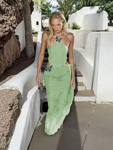 Vestido largo estilo europeo con cuello colgante mariposa corte hueco espalda descubierta y diseño de cola de pez - Verde - Ver 5