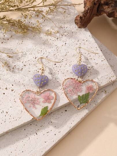 1 Pair INS Style Preserved Flower Resin Heart-Shaped Earrings, Suitable For Spring Outings, Gatherings With Friends, Daily Commute, Dates, Campus Life, French Romantic Style, Unique Design, Gift For Girlfriend/Sister/Best Friend