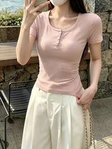 Korean Style Minimalist Button Design Short Sleeve T-Shirt For Women, Versatile Pink Casual Summer - Pink - View 2