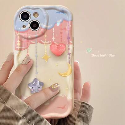 Kawaii Galaxy Phone Case, Pastel Pink & Blue Cloud Print With 3D Planet, Star & Heart Decorations, Anti-Scratch Anti-Fall Protective Cover, Sweet Girly Protector For IPhone 17 16 15 14 13 Pro Max