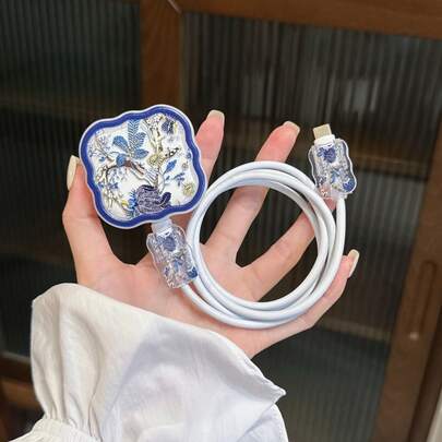 3件套充电线保护套，蓝色花卉图案，适用于20W英标苹果快充