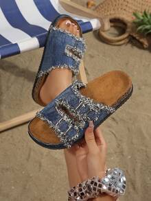 Flat Sandals, Colorful Fringed Edge Fabric Flat Beach Slippers, Summer - Navy Blue - View 13