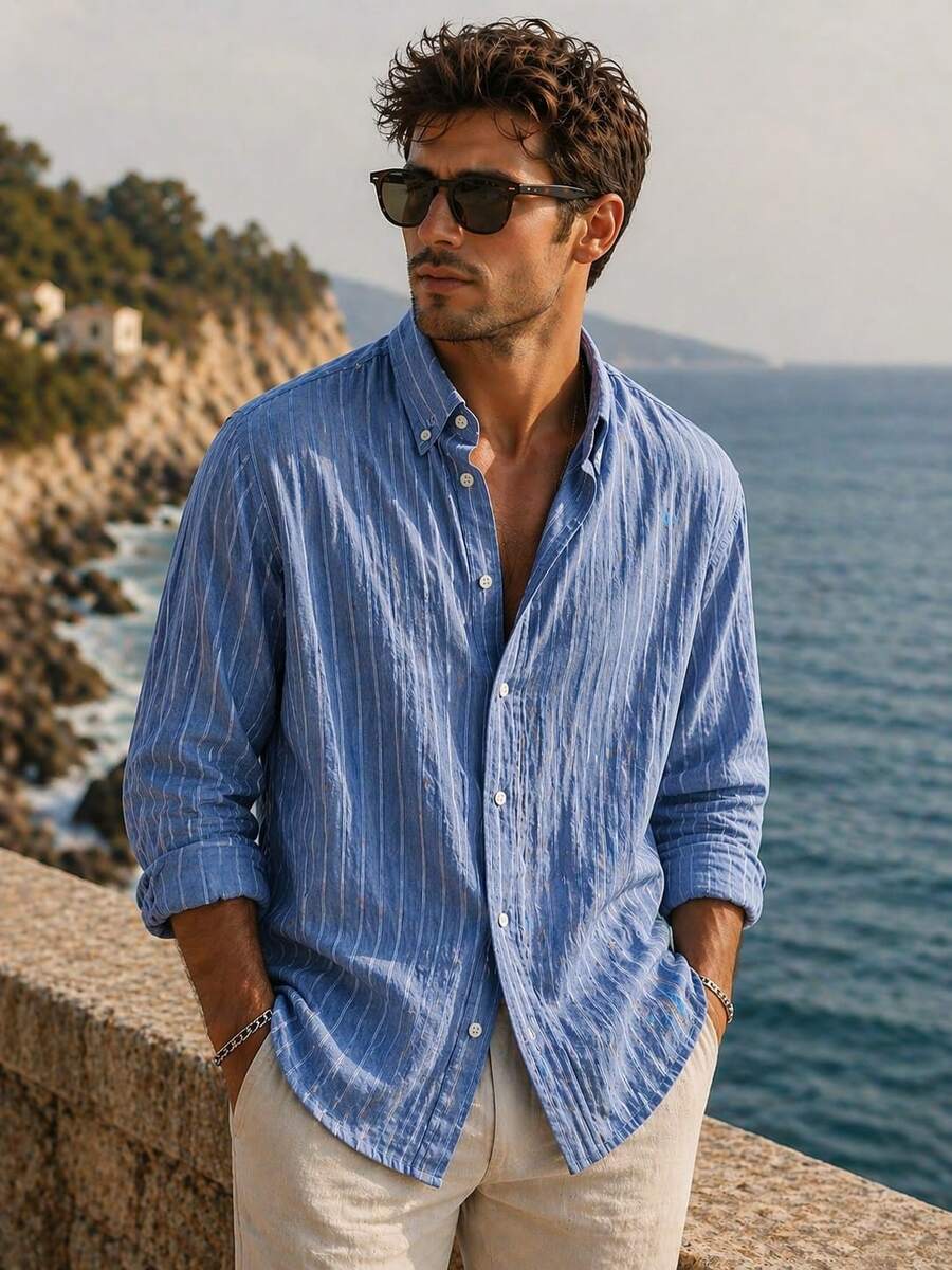 Men's Summer Shirt With A Lightweight, Finely Striped, Flowing Design That Requires No Ironing. - Blue - View 1