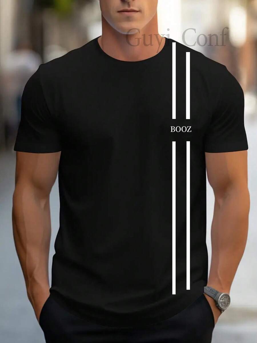 Men's Short-Sleeved Crew Neck Striped T-Shirt BOOS - 黑 - 查看 1