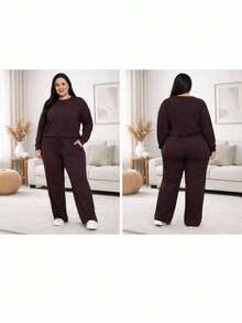 Lanzinha Ribi Plus Size Winter Set - Long-Sleeved Blouse And Wide-Leg Pants - Super Comfortable - Burgundy - View 2