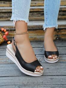 Giày sandal đế xuồng dày dặn mùa hè mới dành cho nữ, màu vàng kim, kiểu dáng thời trang đa năng, hở mũi, thích hợp cho kỳ nghỉ, hoạt động ngoài trời, đi biển, giày cao gót đế xuồng. - màu đen - Xem 6