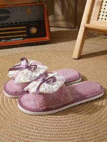 Women's Lace Bow Slippers, Cozy Indoor Warm Slippers, Couple Slippers For Autumn, Winter & All Seasons - Purple - View 4
