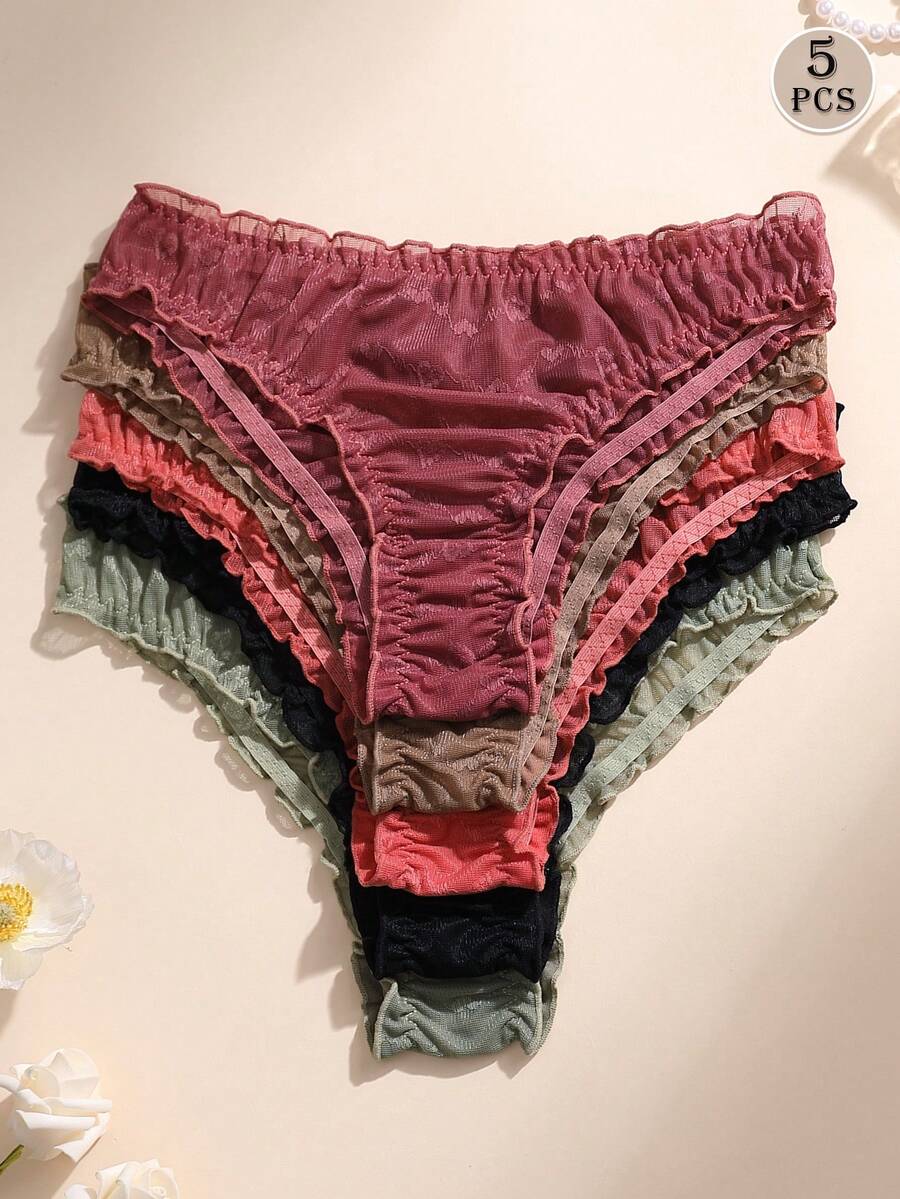 5件組女款甜美蕾絲荷葉邊性感低腰柔軟舒適透氣內褲，適合日常穿著、運動、瑜珈