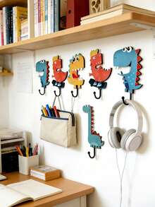 4pcs Cartoon Dinosaur Wall Hooks - Funny Decoration Hooks For Kids Room, Cute Dinosaur Backpack/Key Holder, No Drill Strong Adhesive Hooks, Exquisite Preschool Wall Accessories - Multicolor - View 2