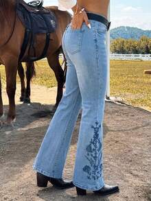 Quần jeans ống loe màu xanh nhạt bạc màu, có chun co giãn và thêu họa tiết, thích hợp cho nữ, kiểu dáng thường ngày. - Rửa nhẹ - Xem 3