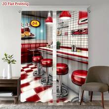 2D Flat - 2D Flat - Set Of 2 Retro Diner-Style Flat Print Curtains With A Semi-Blackout Feature, Designed With Rod Pockets. Perfect For Enhancing The Aesthetic Of For Art Deco Spaces, Bedrooms - Multicolor - View 1