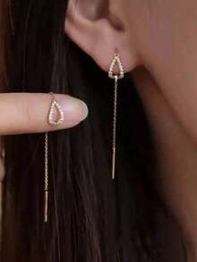 Cubic Zirconia Water-Drop Decor Threader Earrings - 黃金 - 查看 6