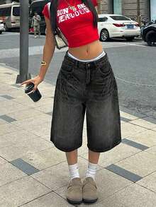 Teenager Mädchen Zerrissene Schwarze Oversized Weite Bein Denim Caprihose, Streetwear Stil - Dunkelgrau - Übersicht 3
