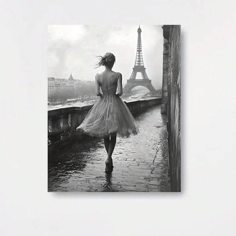 Póster plano 2D, 2D plano, plano 2D, fotografía de moda de París, plano 2D - Representando a una elegante mujer en blanco y negro, impresión en lienzo de arte de pared francés, adecuado para sala de estar, dormitorio y oficina - Decoración francesa - 12.0X16.0 pulgadas - Enmarcado - Ver 1