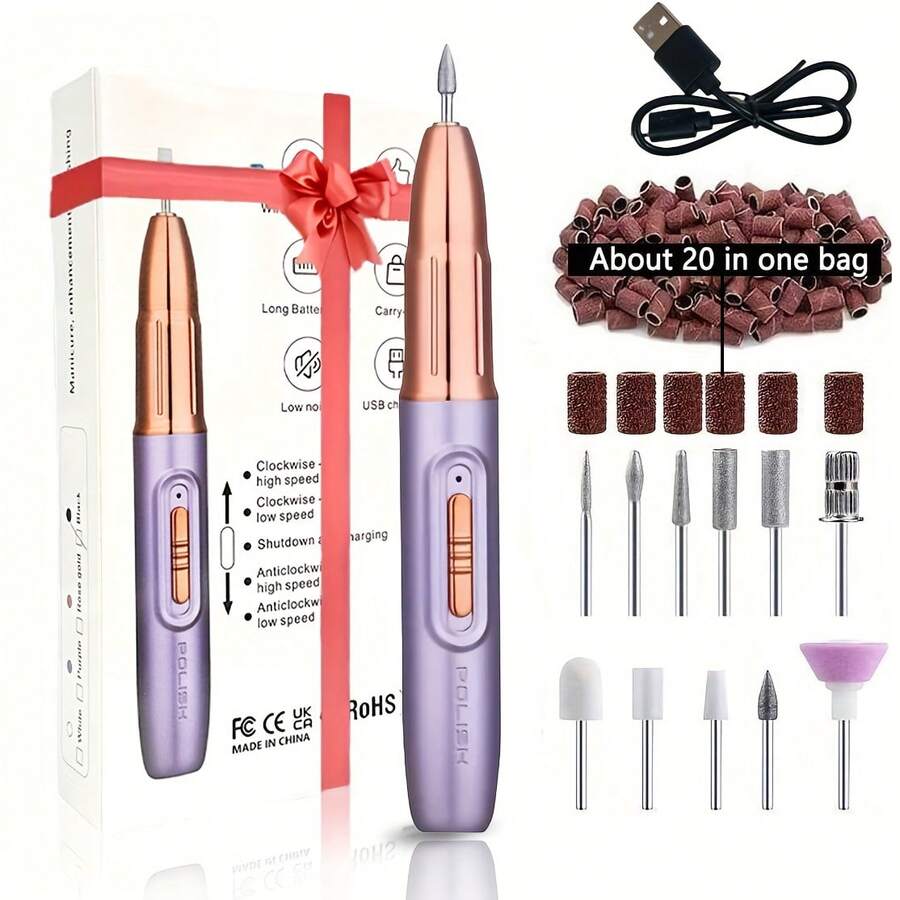 GANLAIX 专业美甲打磨套装，USB 充电式美甲打磨机，300mAh 高容量锂电池，美甲美足套装，家用及美甲沙龙美甲套装，指甲抛光工具