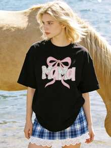 Camiseta de Verano para Mujer, Casual, Suave, Cuello Redondo, Manga Corta, con Estampado de Lazo Rosa a Cuadros. Negra. - Negro - Ver 1