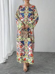 一件女士撞色印花喇叭袖睡袍，优雅奢华的节日派对礼服，适合作为新年、情人节或其他节日礼物送给妈妈、朋友，春季佳品。 - 藍色 - 查看 8