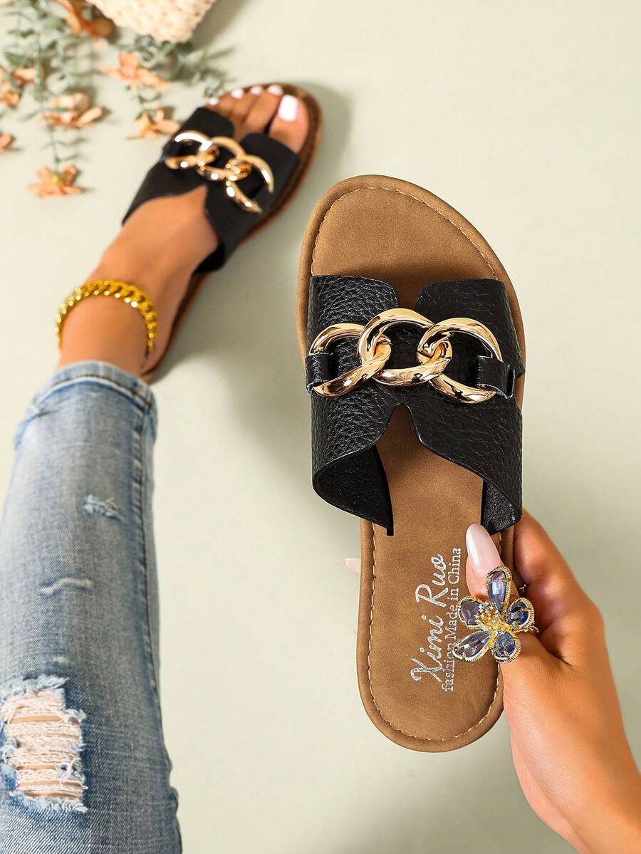 Ximi Ruo Ciabatte casual piatte in stile coreano per donna, con punta aperta, sandali romani intrecciati, adatti per primavera, estate, spiaggia, vacanza, abbinabili a vestiti, colore marrone - nero - Visualizzare 1
