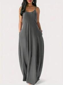 Vestido casual de tirantes sólidos de color para mujer, ideal para uso diario en verano - Gris Claro - Ver 5