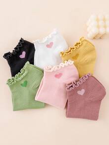 6 Pairs Solid Color Heart Cute Sweet Japanese Style Ruffle Hem Minimalist Fashion Women Short Socks - Multicolor - View 5