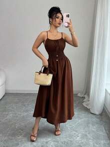 Vestido cómodo de verano y primavera de fibra de lino color café con lazo frontal y cintura con lazada, estilo casual y fluido - Cafetería - Ver 5
