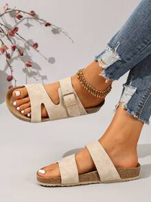 Ximi Ruo Light Grey Suede Double Buckle Thick Sole Slide Sandals For Women, Retro Open Toe Soft Bottom Slip-On Casual Shoes, French Chic Versatile Breathable Lightweight Comfortable For Beach, Home, Commute, Travel - Beige - View 4