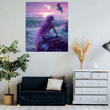 Pintura en lienzo sin marco, plana 2D, 1 pieza, varios s disponibles: una sirena de pelo morado sentada en una roca, contemplando la luna brillante y los pájaros volando sobre el mar. 8x12, 12x18, 16x24, 20x30, 24x36, 28x40, 32x48 pulgadas. Perfecta para sala de estar, dormitorio, comedor - Enmarcado - Ver 5