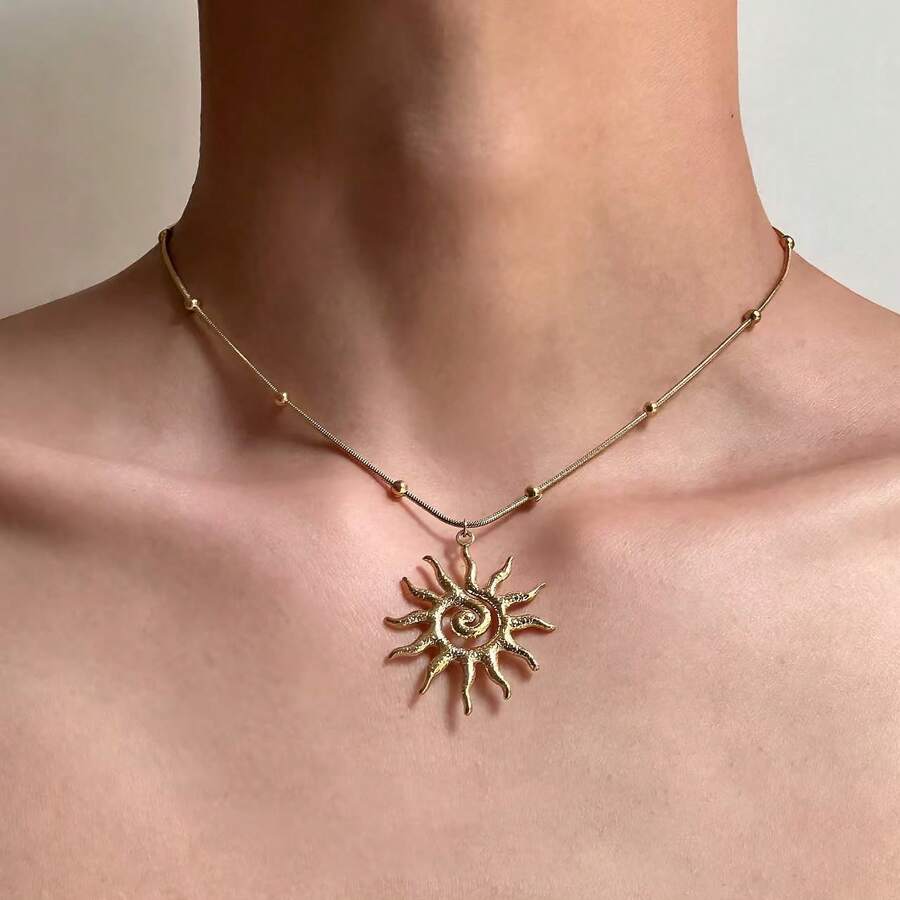 1 chiếc mặt dây chuyền hình mặt trời xoắn ốc bằng thép không gỉ, thiết kế tối giản độc đáo kiểu Y2K, dây chuyền đeo nhiều lớp, dây chuyền xương đòn unisex. - Bạc - Xem 1