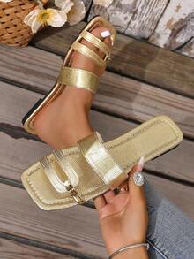 Women's Summer New Open Toe Flat Sandals With Gold Stripe Cutout Design, Navy Blue Color, Suitable Casual, Holiday, Daily Wear - Match With Dresses, Leggings, Casual Pants, Shorts, Skirts.Slip-On Snake Print Ladies Slippers, Suitable Spring, Summer, Autumn, Valentine's Day, Mother's Day, Festivals, Parties, Fashion, Elegant, Minimalist,, Cute, Vacation, Travel, Daily Matching, Beach Shoes - 金子 - 查看 13