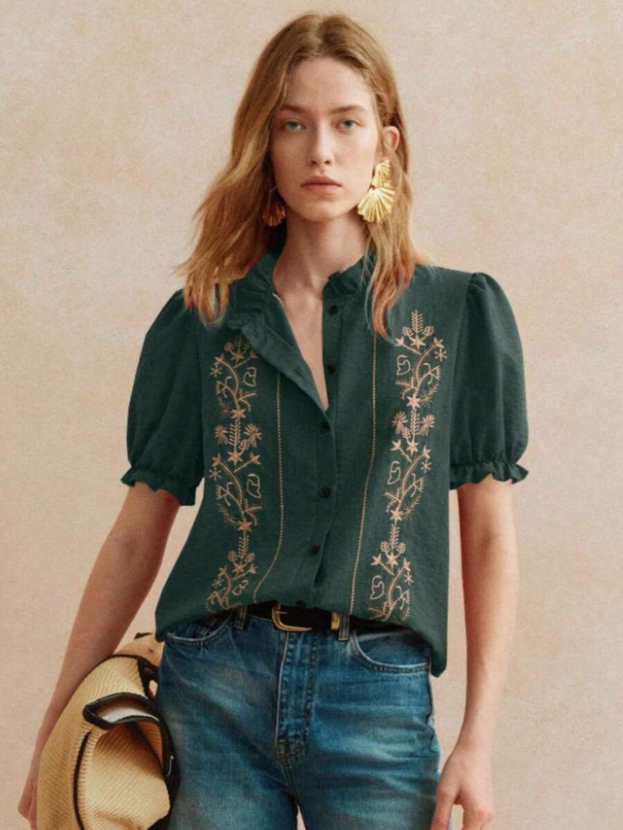 Blusa con bordados y volantes elegante para mujer uso diario - Verde Oscuro - Ver 1