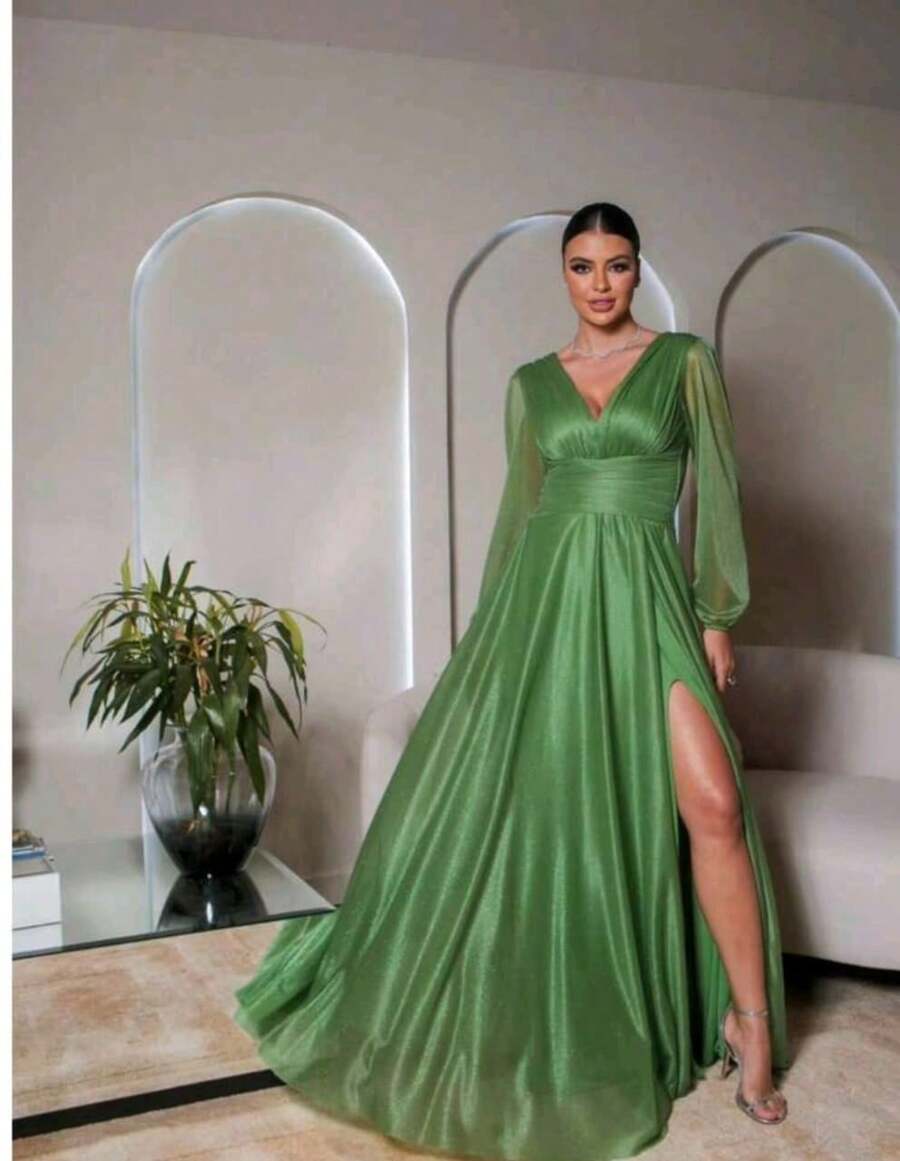 Long Dress For Graduation, Party, Wedding, Evening, Bridesmaid With Sparkle - Lime Green - View 1