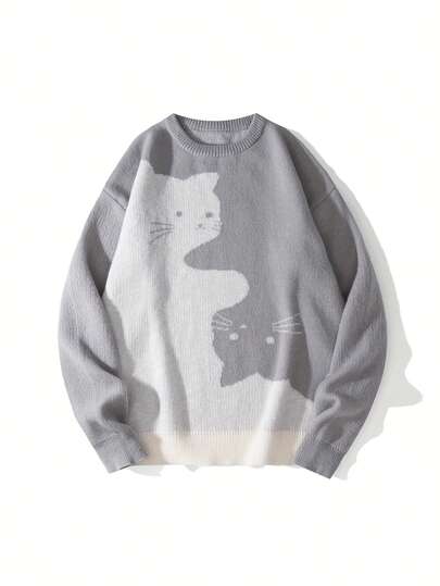 Local Delivery‌ Couple Pullover Animal Pattern Jacquard Cat Long Sleeve Top Base Layer Unisex Student Daily Casual Preppy Style [Genghis Khan OBM] New Round Neck Sweater Men'S Knit Sweater