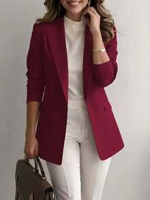 Chaqueta de blazer de unicolor con solapa para mujer, de manga larga con botones y bolsillos, adecuada para otoño, invierno y primavera.Chaqueta de oficina de manga larga, prenda exterior versátil para negocios y hogar, apta para otoño, invierno y primavera - Burdeos - Ver 9