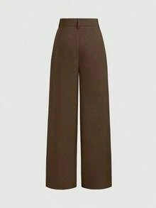 Mono de diseño minimalista Vela Rue con cierre de gancho y cremallera, pantalones anchos de color azul marino sólido semitransparente y ligeros, pantalones anchos de moda para todas las estaciones - Marrón - Ver 2