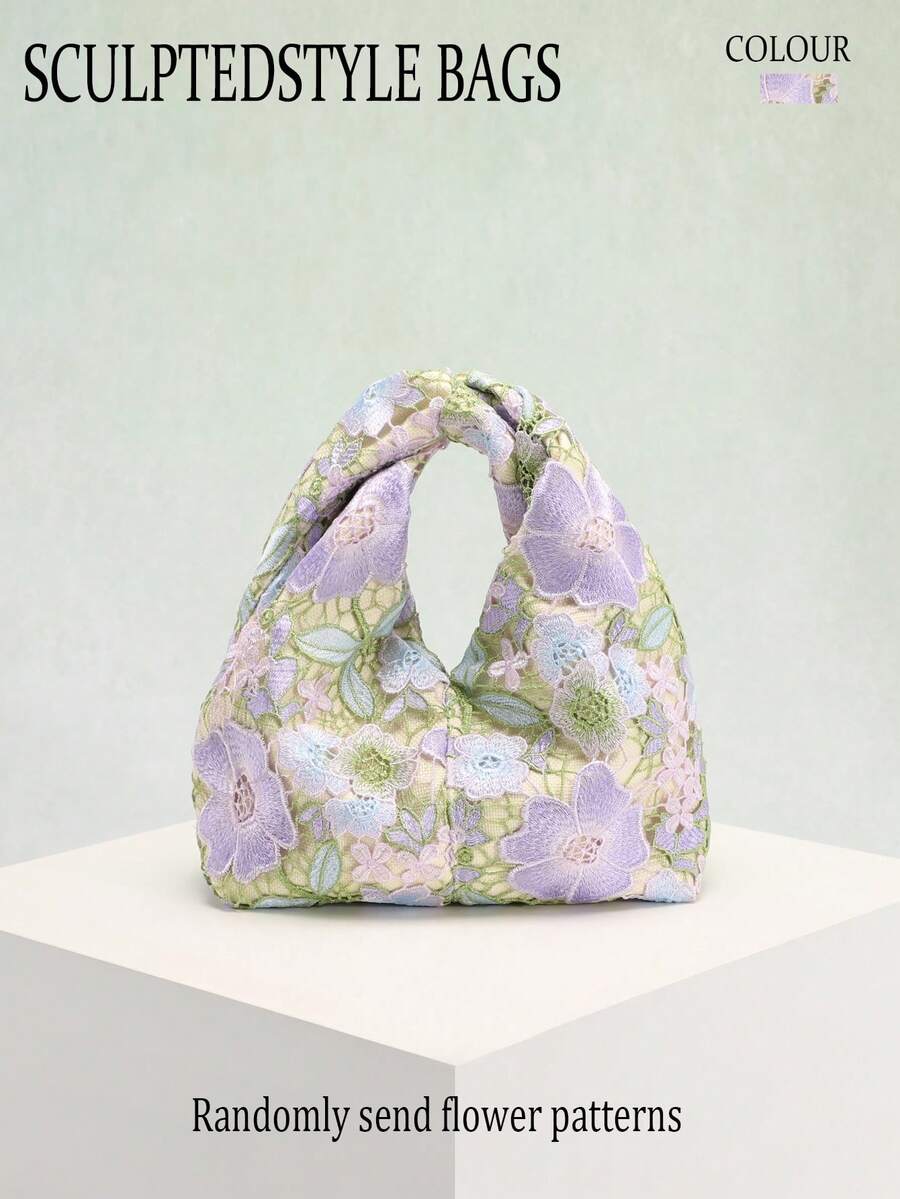 1 st lavendelfärgad spetsblommig tygväska med broderi, fransk chic veckad axelväska, mjuk romantisk lantlig stil lämplig för strandsemester, i kombination med eterisk maxiklänning (slumpmässigt fördelat spetsblommönster) - Multifärgad - Visa 1