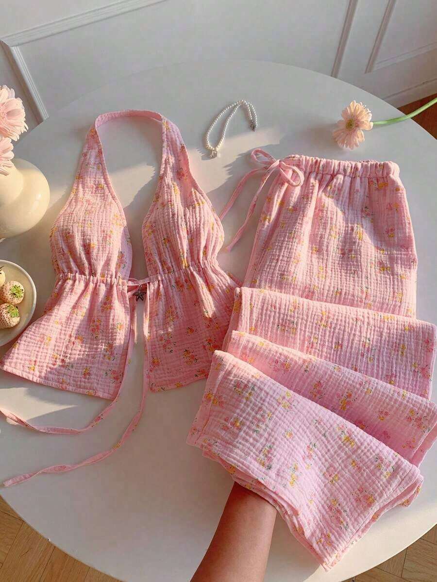 Pieces Outfits Tie Up Halter Neck Backless Tank Top And Wide Leg Drawstring Pants Set Clubwear, Vacation Outfits Women, Beach Outfits For Woman, Rave Outfits, Hawaii Outfits Women Island Vacation Outfits - 黃色 - 查看 1
