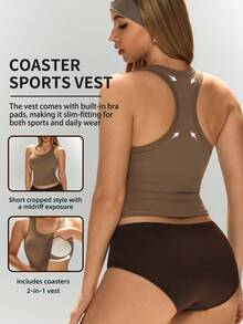1 Peça Regata Esportiva de Costas Abertas Primavera/Verão, 2 em 1 com Bojos Embutidos, Alta Elasticidade, Modeladora, Top Camisete para Yoga, Fitness, Corrida e Uso Externo - Caqui - Visão 2