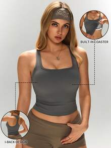 1pc All Season Deep U-Neck Racerback Sports Tank Top, 2-In-1 Built-In Padded High Elastic Solid Color Slim Fit Home Yoga Fitness Running Versatile Outerwear Camisole - Dark Grey - View 4