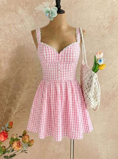 Temptaria V-Neck Lace Spliced Button Placket Trim Smocking Ruched Bodycon Plaid Cami Dress Pink Elegant Summer