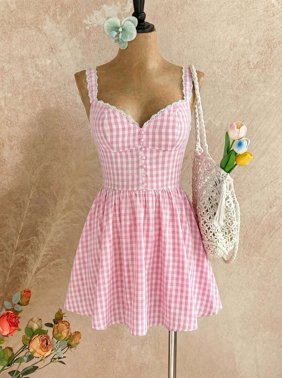 Temptaria Đầm hai dây ôm sát người kẻ caro màu hồng thanh lịch mùa hè, phối ren cổ chữ V, hàng cúc cài dọc, xếp ly nhún bèo. - Hồng - Xem 1