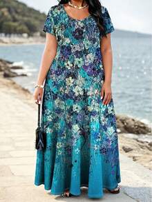Vestido de vacaciones casual elegante de verano con bolsillo estampado para mujer talla grande - Azul menta - Ver 3