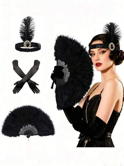 1/3 Piezas Accesorios de Chica Flapper de los Años 20 - Abanico de Plumas, Diadema y Guantes, Adecuado para Bodas Vintage, Baile, Fiesta de Disfraces