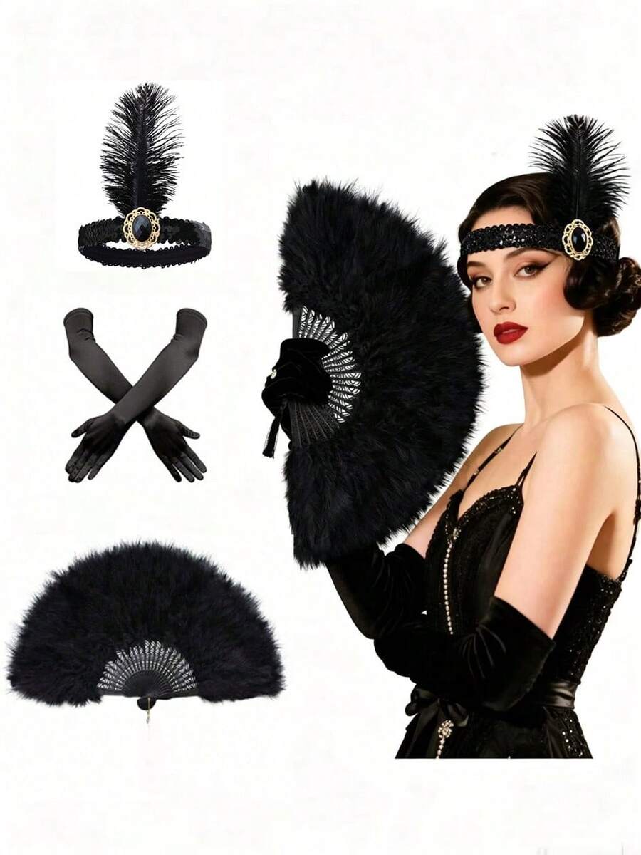 1/3 Pcs 1920s Flapper Girl Accessories - Feather Fan, Headband And Gloves Set, Suitable For Vintage Wedding, Dance, Costume Party,Halloween - Black - View 1