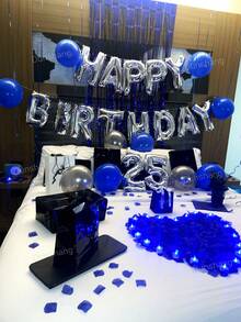 21/50/55/57件組海軍藍銀色生日氣球套組－生日快樂橫幅＋愛心鋁箔氣球＋加厚乳膠氣球＋藍色金屬感鋁箔流蘇窗簾，適合男性生日裝飾、情侶臥室、飯店午夜驚喜派對、房間佈置 - 藍色銀色 - 查看 7