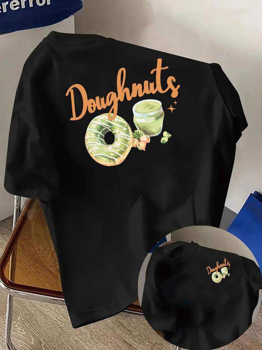 Short Sleeve T-Shirt With Front And Back Panels - Fashionable Matcha Donut Print - Women's Printed T-Shirt For Spring/Summer, Fashion Item. - Black - View 1