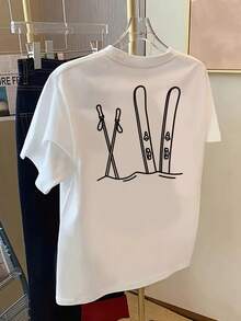 Women's Ski And Snowboard Printed T-Shirt With Front And Back Designs, Crew Neck, Casual Short Sleeve, Relaxed Fit, Classic Design, Fashion Item, Ladies Top With Double Side Print. - White - View 3