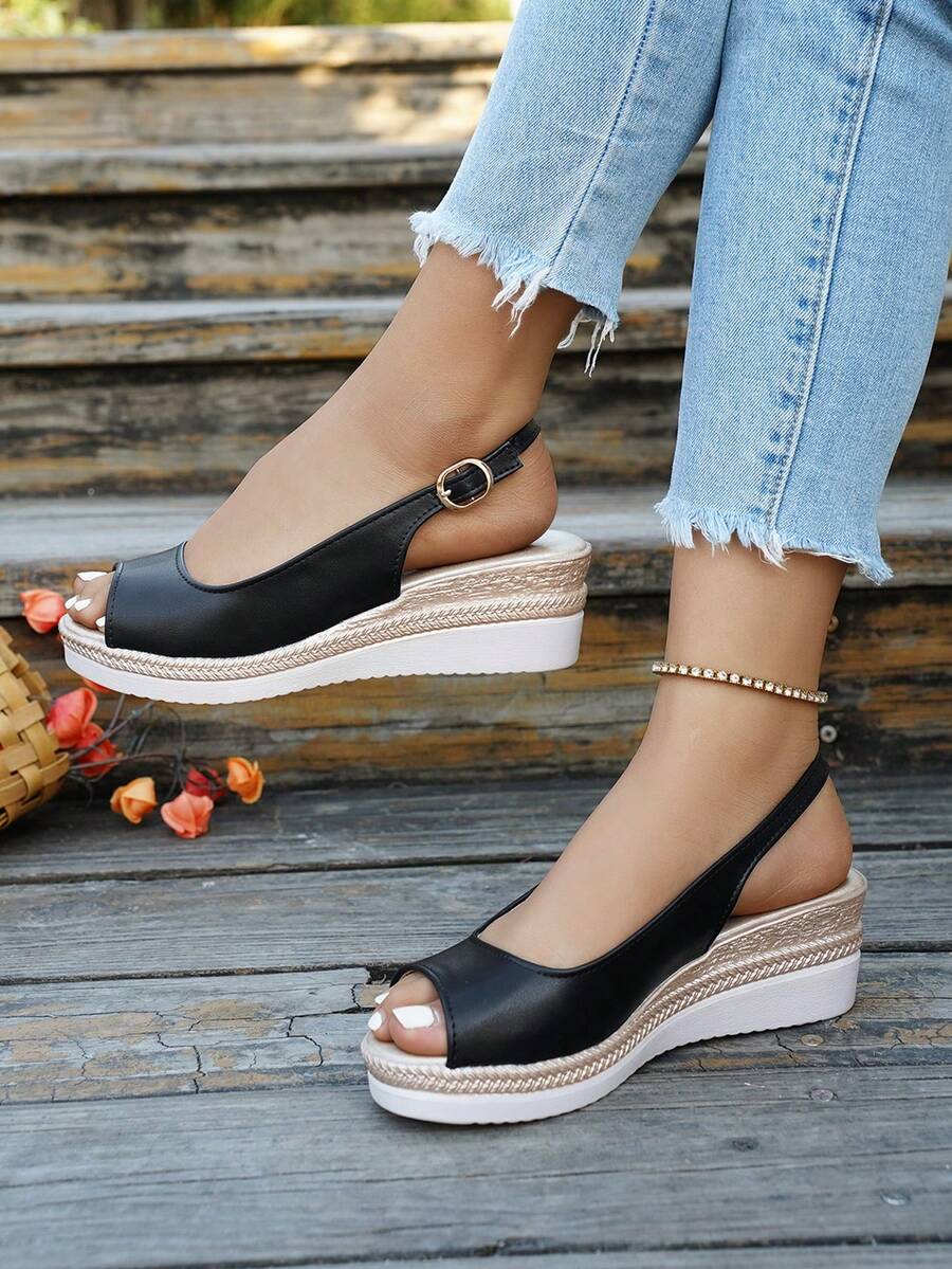 Giày sandal đế xuồng dày dặn mùa hè mới dành cho nữ, màu vàng kim, kiểu dáng thời trang đa năng, hở mũi, thích hợp cho kỳ nghỉ, hoạt động ngoài trời, đi biển, giày cao gót đế xuồng. - màu đen - Xem 1