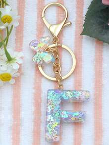 1pc Initial Letter Keychain With Cute Dog, Glitter Resin Pendant, Charming Butterfly Keyring, Gift - Baby Blue - View 8