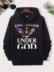 Men's Patriotic Bald And American Hoodie - A Christian Faith Design Under God, Independence Day Apparel No.4, Soft Fabric Pullover With And Pattern, Washable Casual Sportswear, Stars And Stripes Text, Regular Fit Unisex Christian Patriotic Sweatshirt, Suitable Daily Wear And National Holidays - Black - View 2